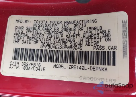 2013 Toyota Corolla Le from USA, damaged, VIN 5YFBU4EE2DP089249